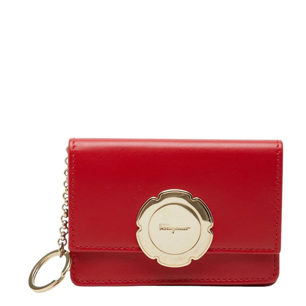 Salvatore Ferragamo Flower Motif Bi fold Wallet Red Leather